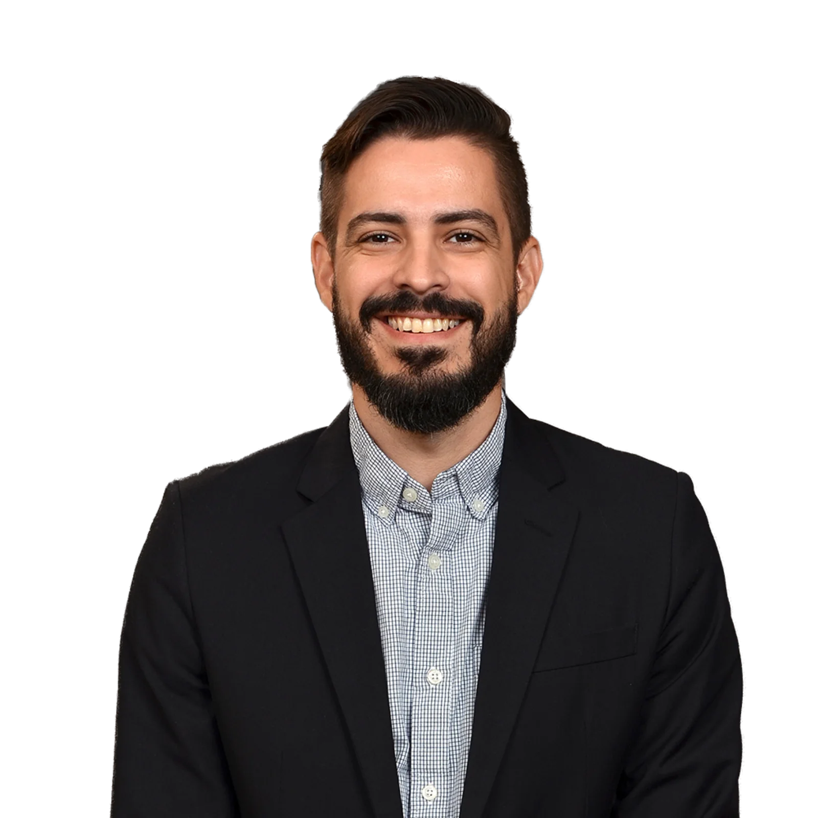 Portrait of Filipe Delbel wearing a dark blazer and a checked shirt, smiling broadly with a friendly expression.