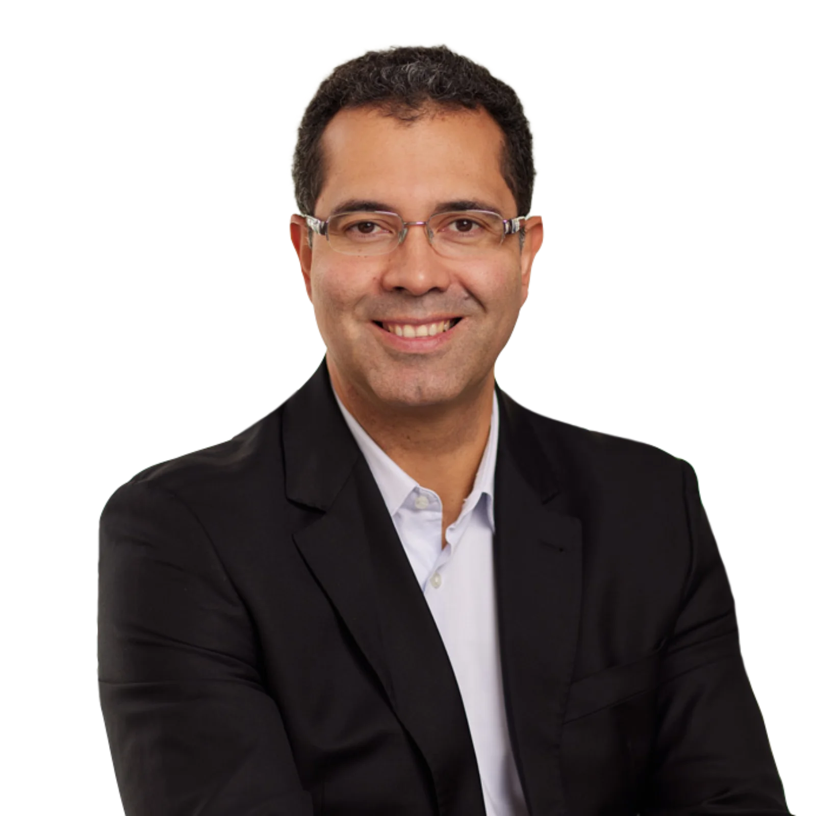 Portrait of Marco Santos in a black blazer and glasses.