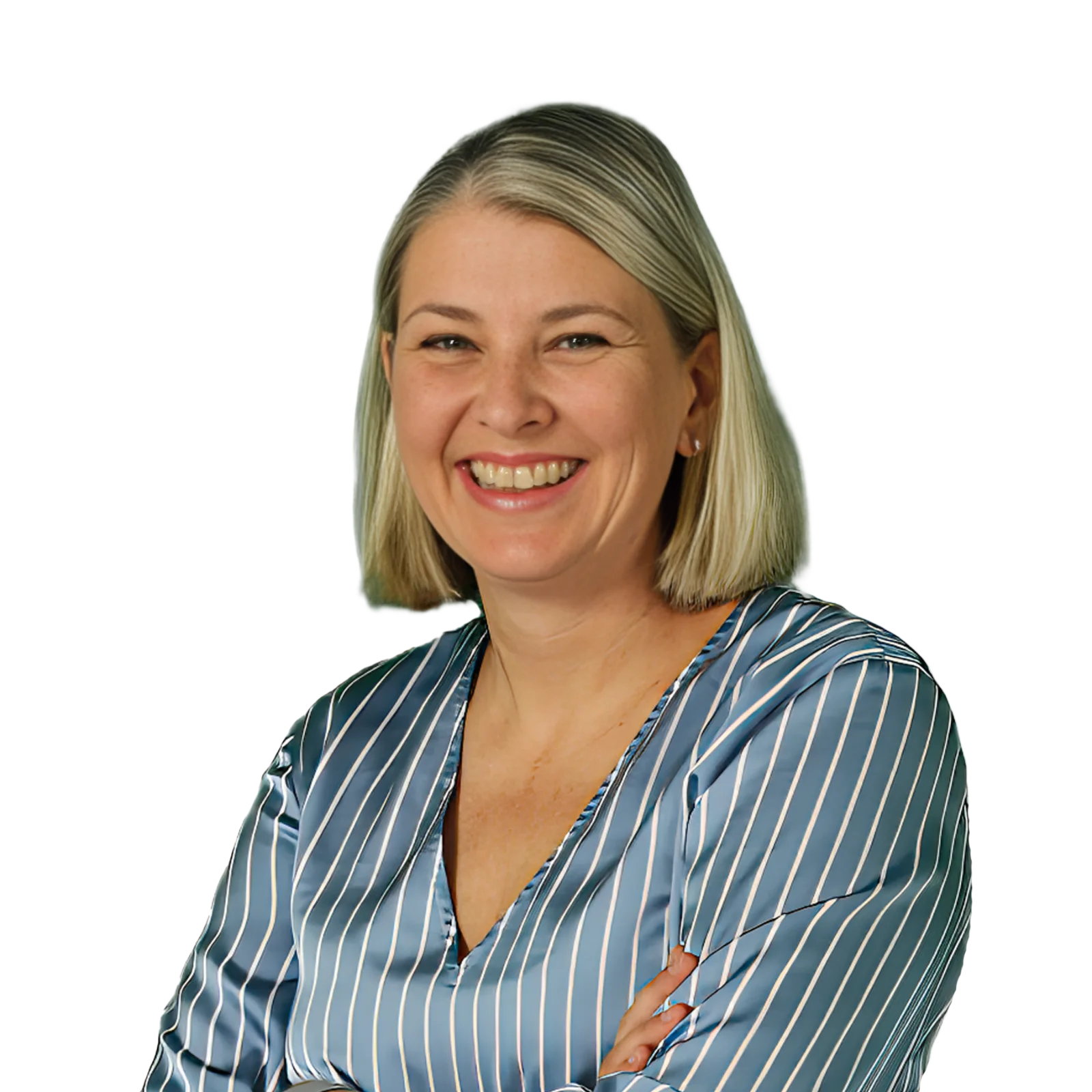 Portrait of Nicole Schüttforth smiling and wearing a striped blouse.