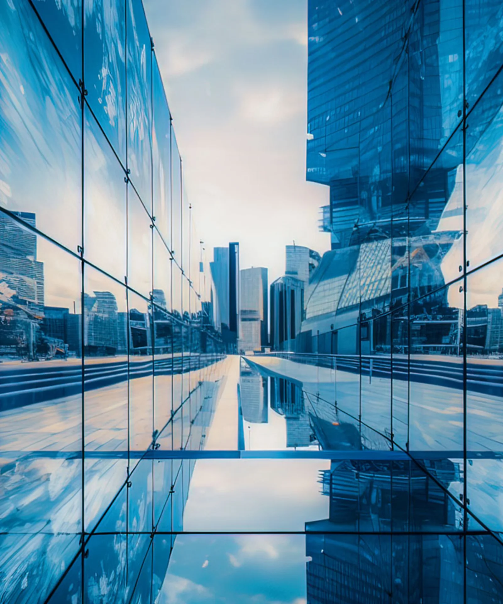 A futuristic cityscape reflected in the glass façade of a modern building, illustrating innovation and urban development.