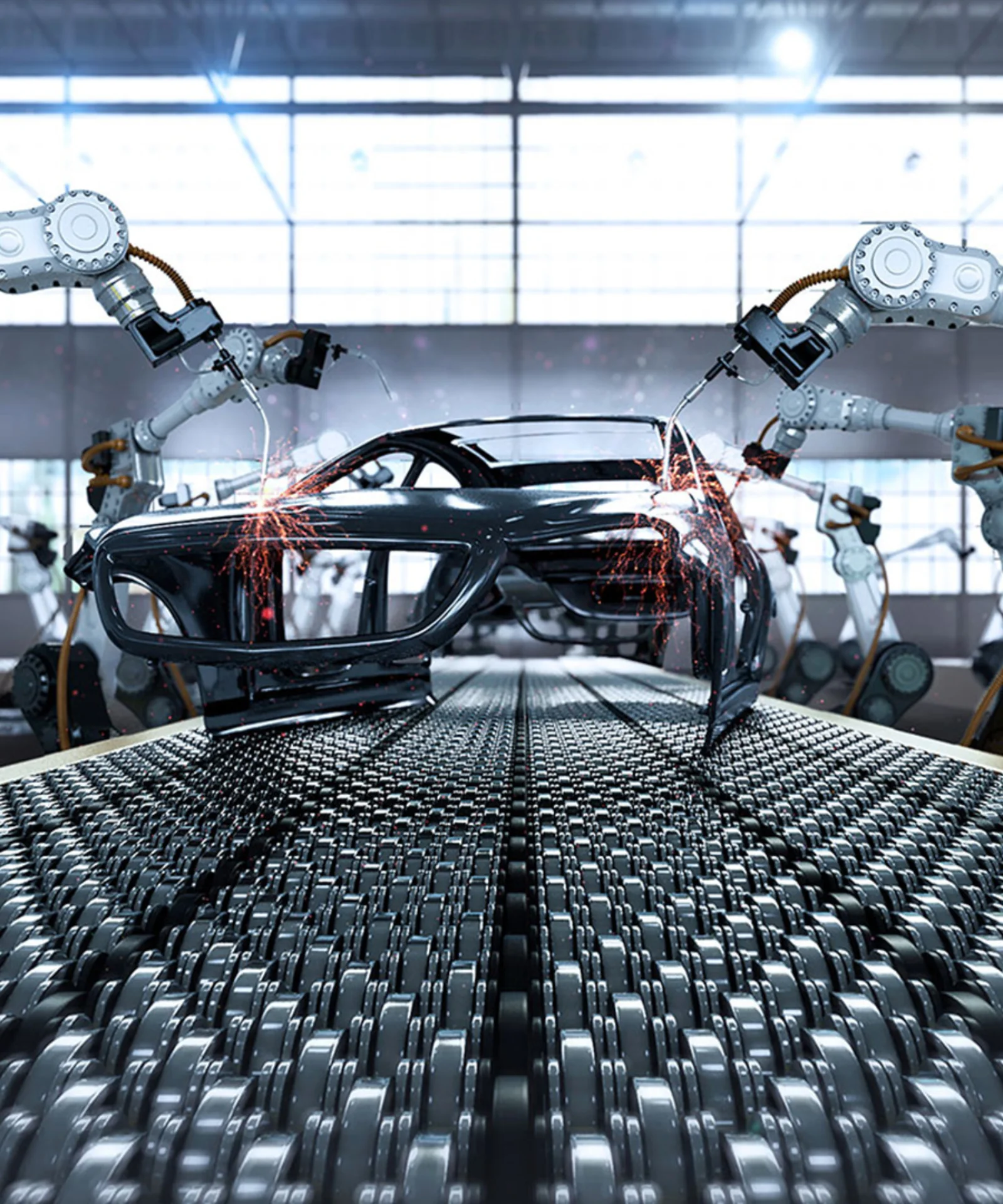 Robotic arms welding a car chassis on an automated production line in a modern factory setting.