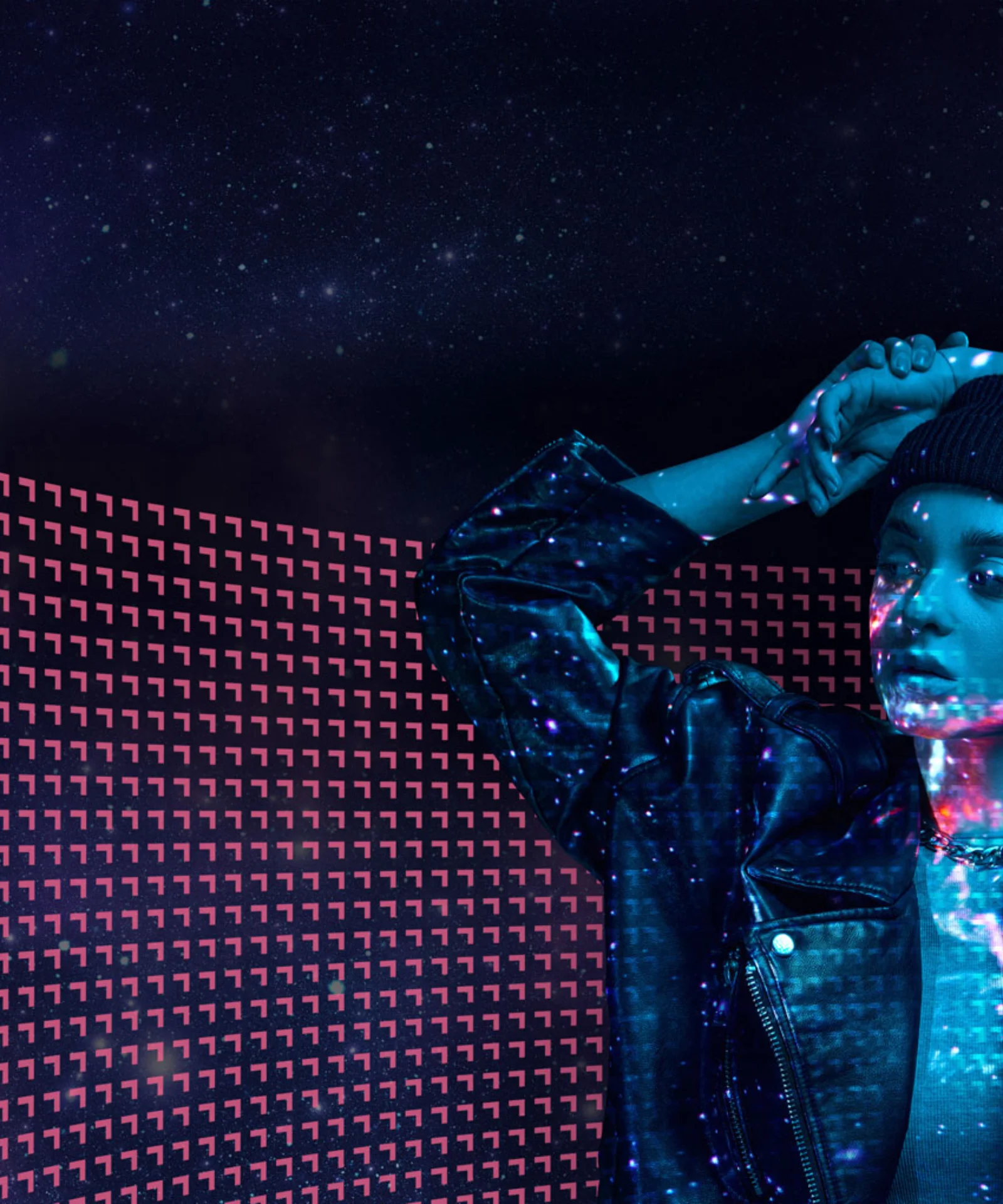 A person in a leather jacket and beanie hat, with a holographic overlay of digital patterns and star-like lights projected on their face and body. The background features a dark, starry sky with a wave of pink digital arrows, symbolizing data flow and technological integration.