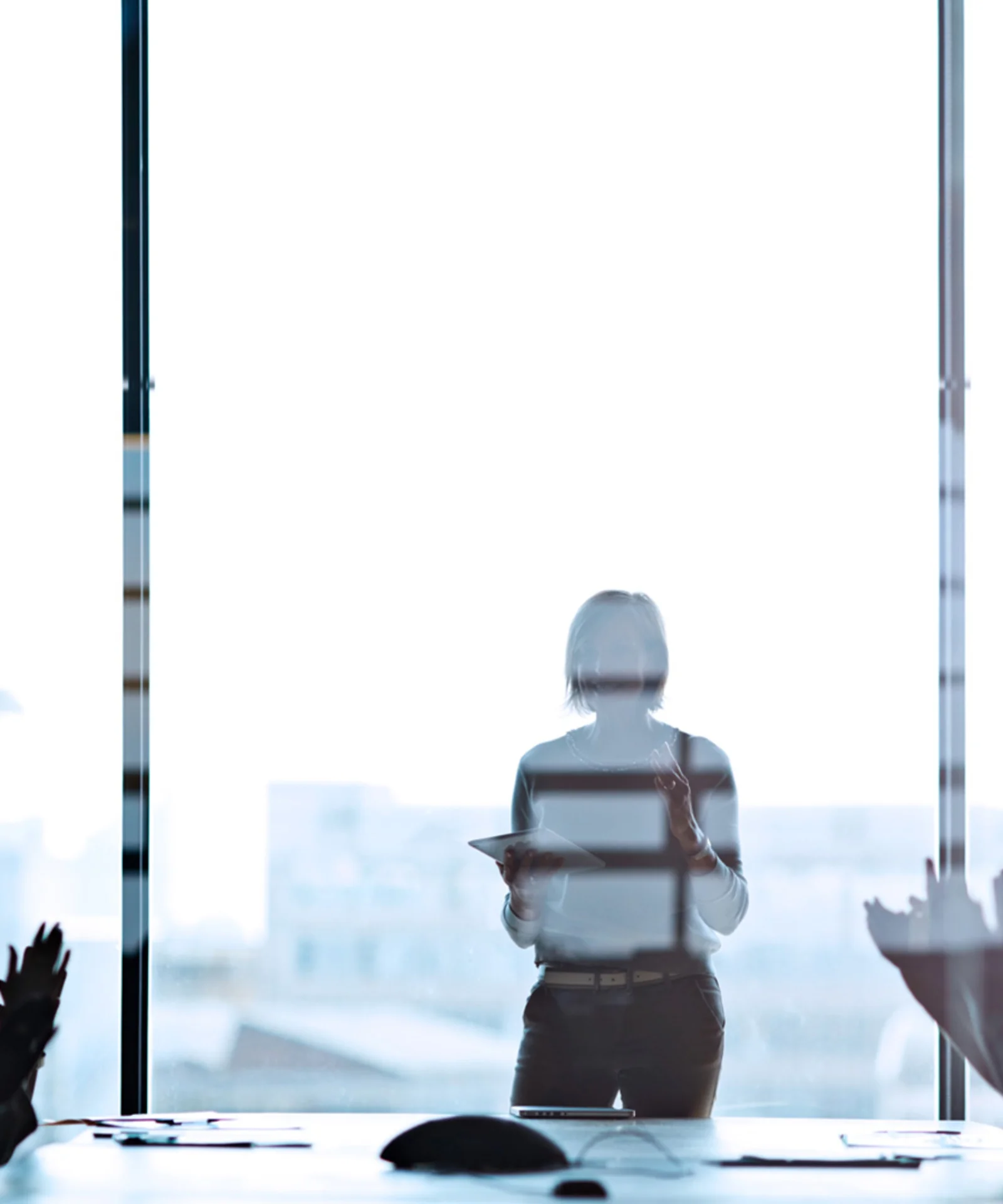 A group of professionals in a modern office, focusing on a woman leading a meeting or presentation, symbolizing leadership and collaboration.