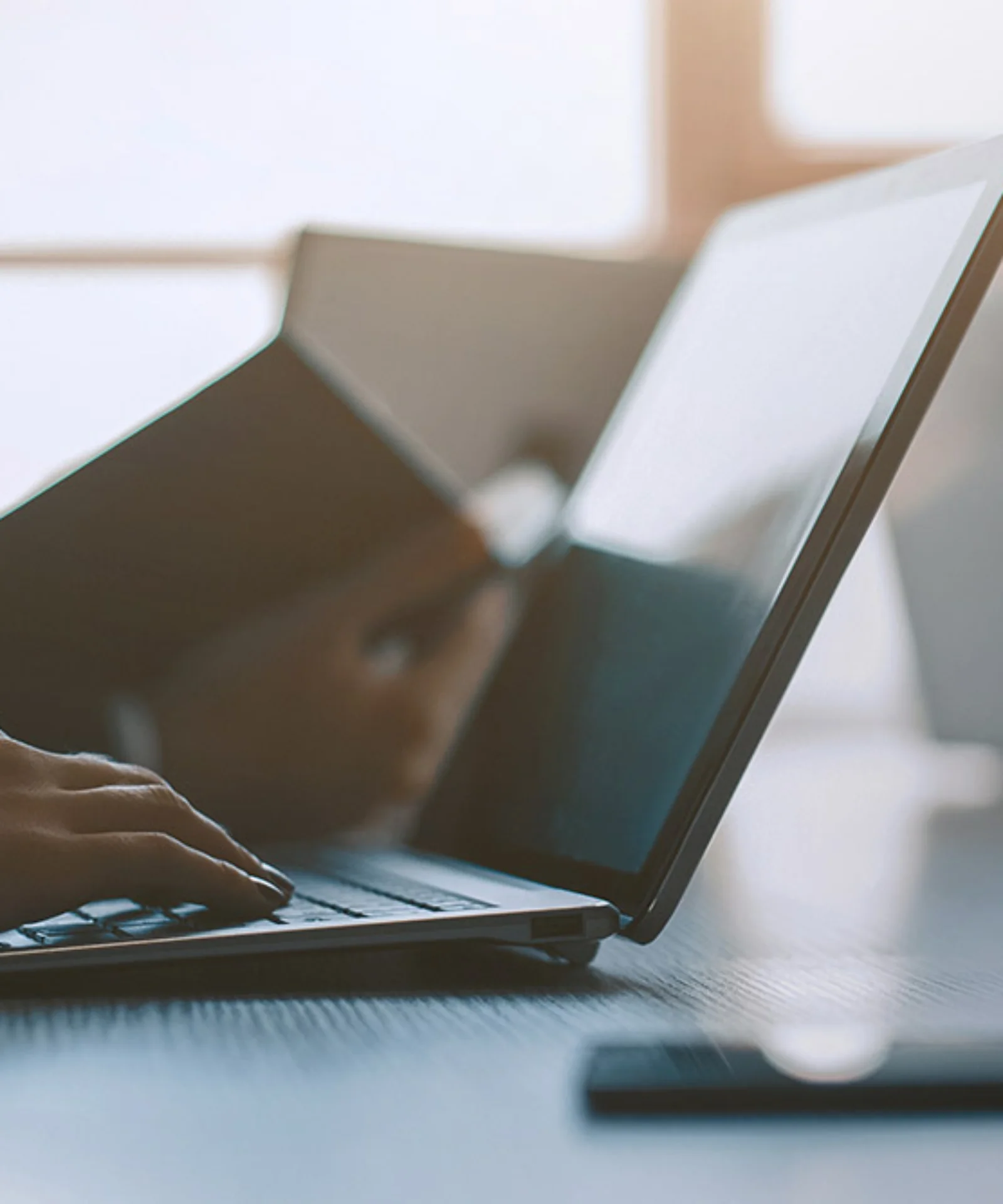 Business professionals working on laptops during a meeting in a modern, well-lit office.