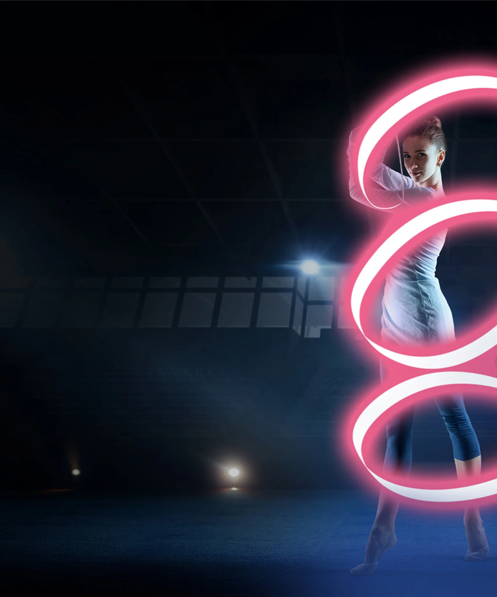 A dynamic key visual for the Core Talks event featuring a dancer performing in a dark, illuminated arena with a glowing pink ribbon forming a captivating, swirling pattern around them.