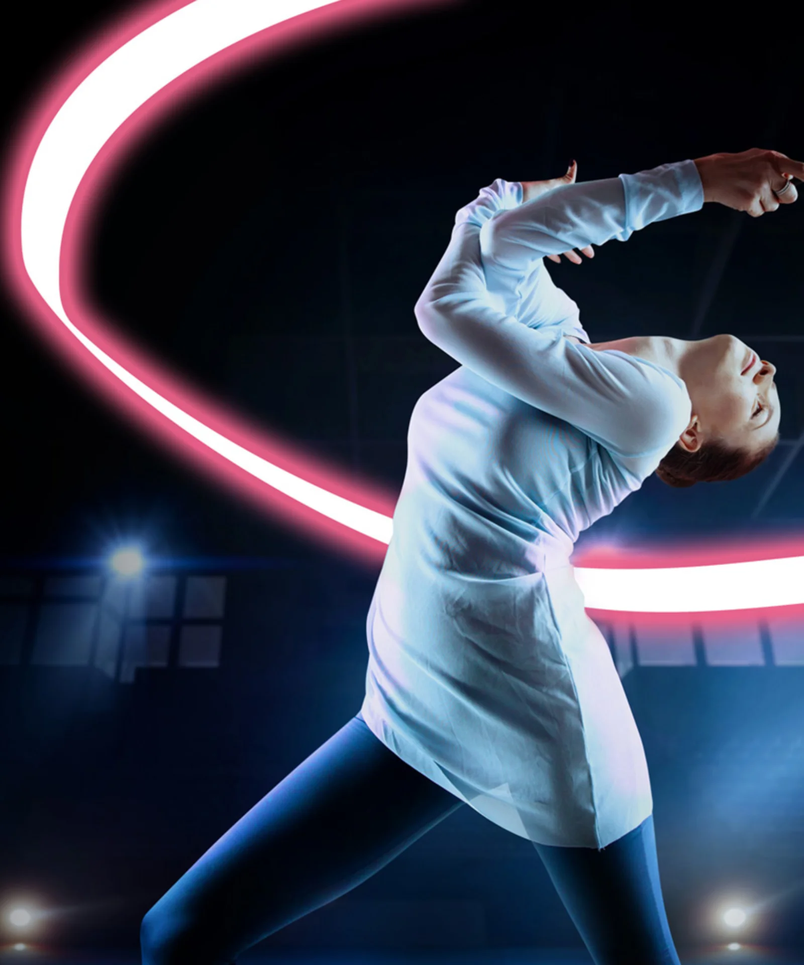 A female fencer in a white fencing uniform strikes a dramatic pose, bending backward while holding her sword. A vibrant pink neon light trail arcs behind her, enhancing the dynamic and energetic atmosphere of the scene.