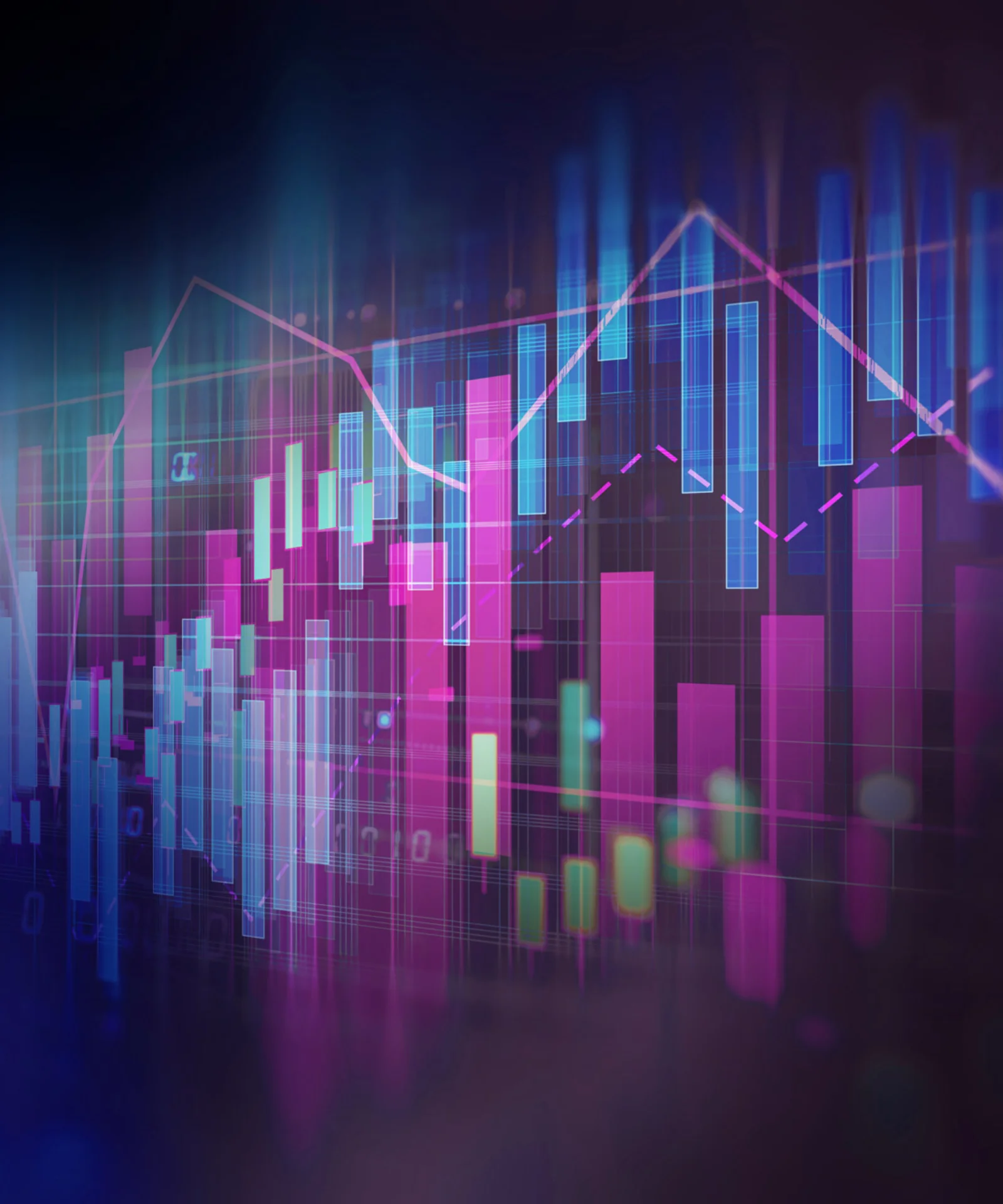 Una visualizzazione astratta e colorata di grafici di dati finanziari, che rappresentano la natura dinamica e innovativa della finanza NextGen.