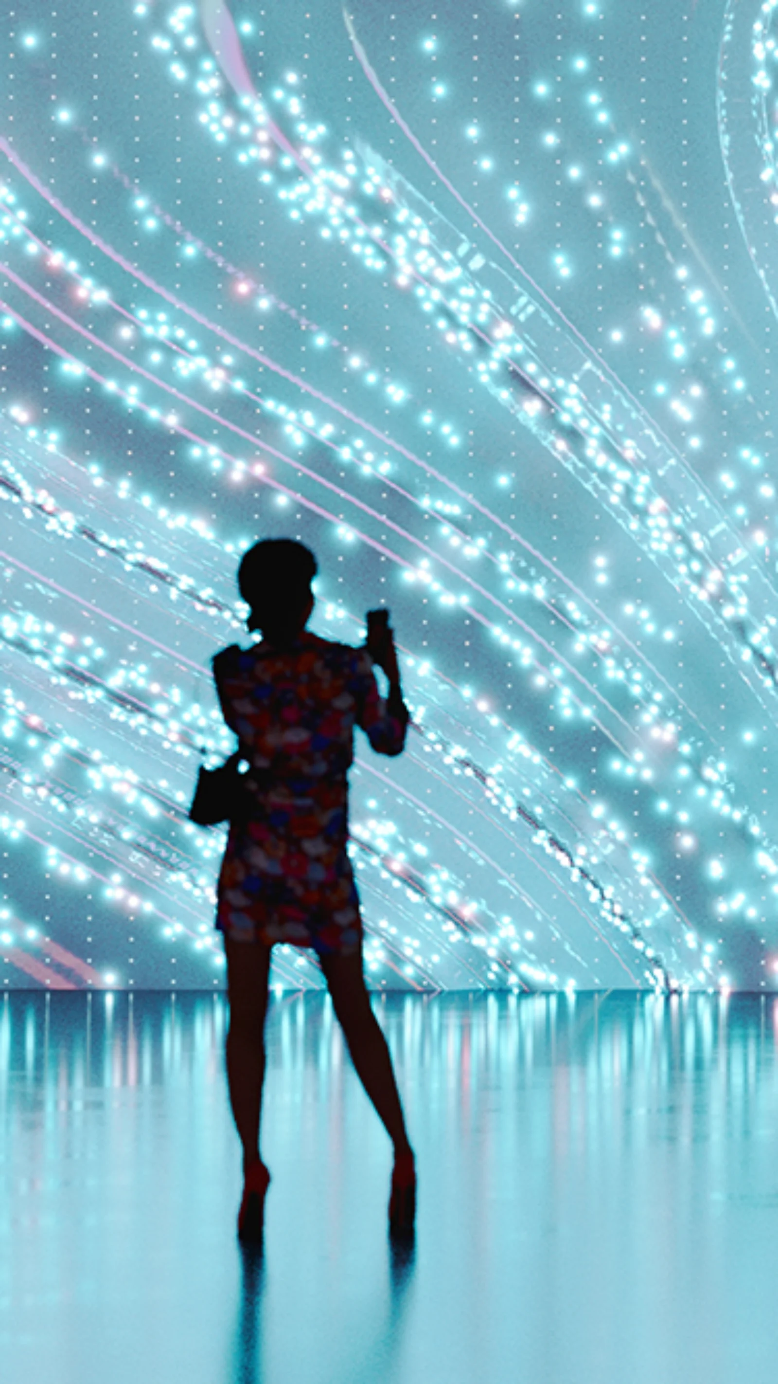 Silhouette of a person standing before a large, flowing digital light display, representing the interaction between humans and advanced digital technology.