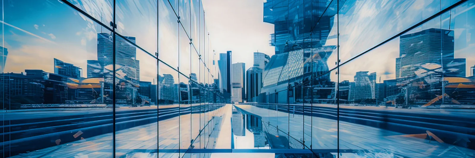 A futuristic cityscape reflected in the glass façade of a modern building, illustrating innovation and urban development.