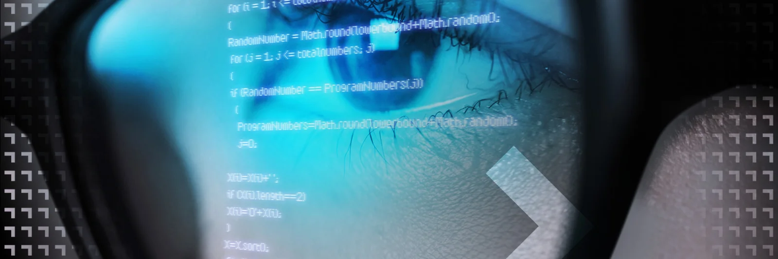 Close-up of a person&#039;s eye reflecting code on a screen, symbolizing in-depth analysis and focus in software development.