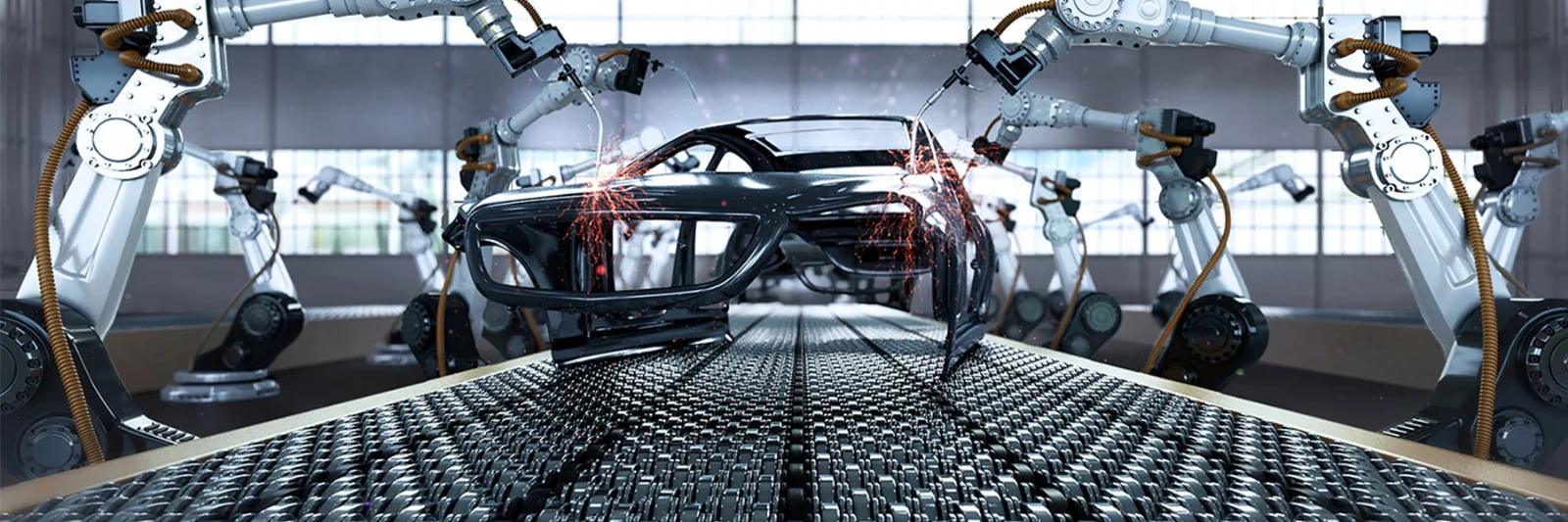 Robotic arms welding a car chassis on an automated production line in a modern factory setting.