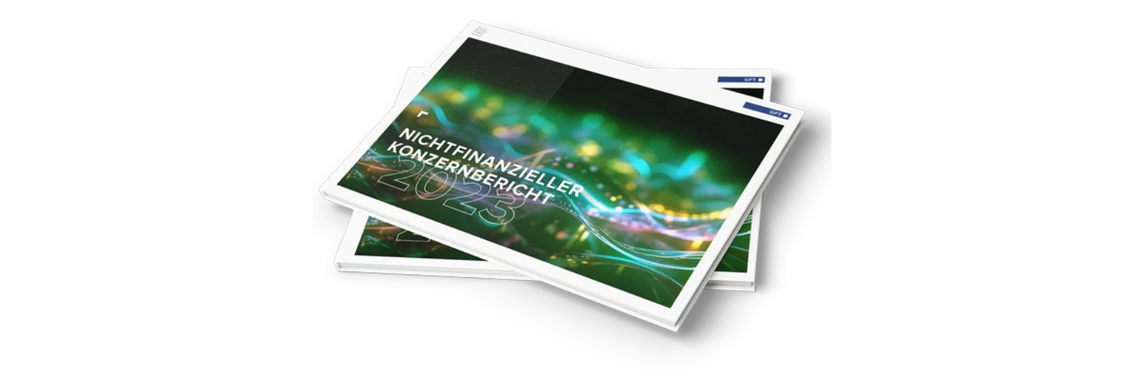 A mockup of the GFT Nichtfinanzieller Konzernbericht (Non-Financial Group Report) 2023, showcasing the cover design with vibrant colors and modern graphics, symbolizing transparency and commitment to sustainability.