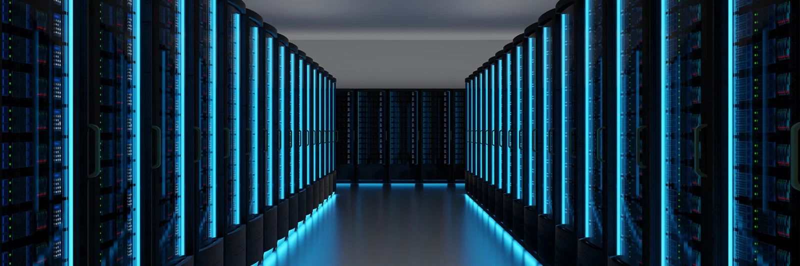 A futuristic data centre featuring rows of illuminated server racks, highlighting advanced data storage and processing capabilities.