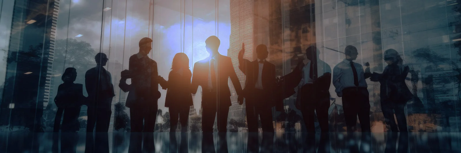 Silhouetted business professionals shaking hands and collaborating in a glass-walled office with a cityscape reflection at sunset.