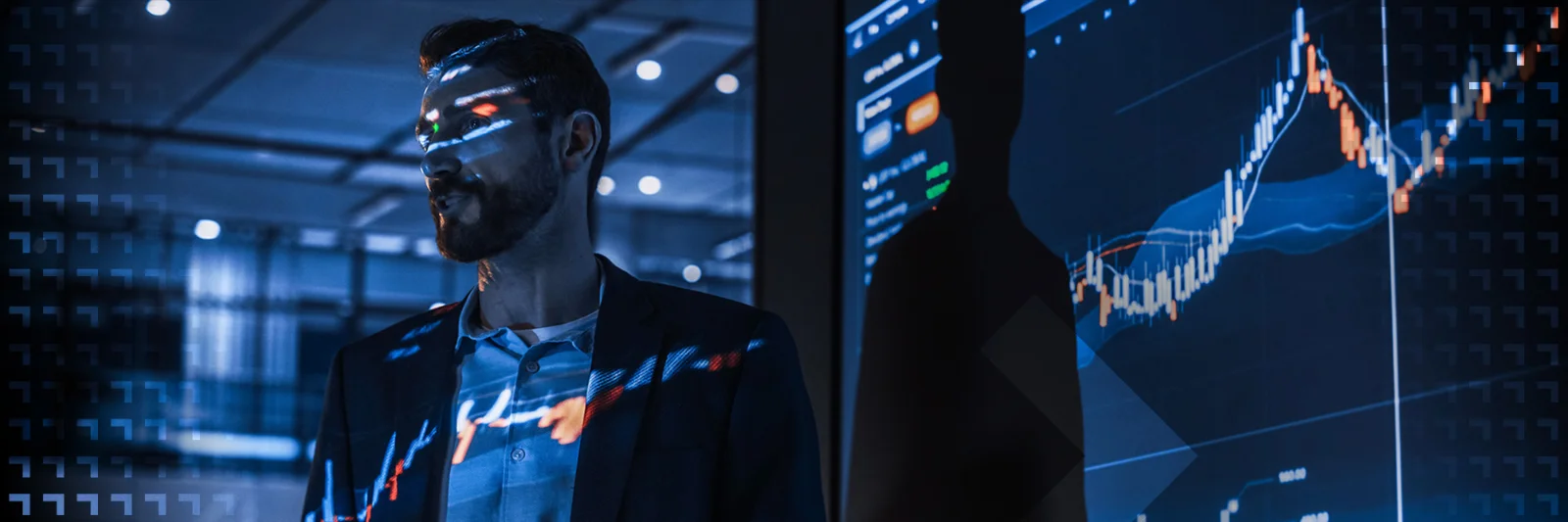 Man analyzing financial data with graphs and charts projected onto him, representing strategic decision-making in finance and technology.