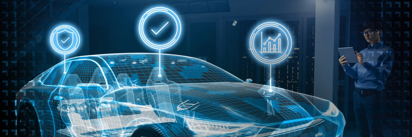 Futuristic digital rendering of a car with technology icons floating above, representing vehicle safety, performance, and analytics, as a technician analyzes data on a tablet.