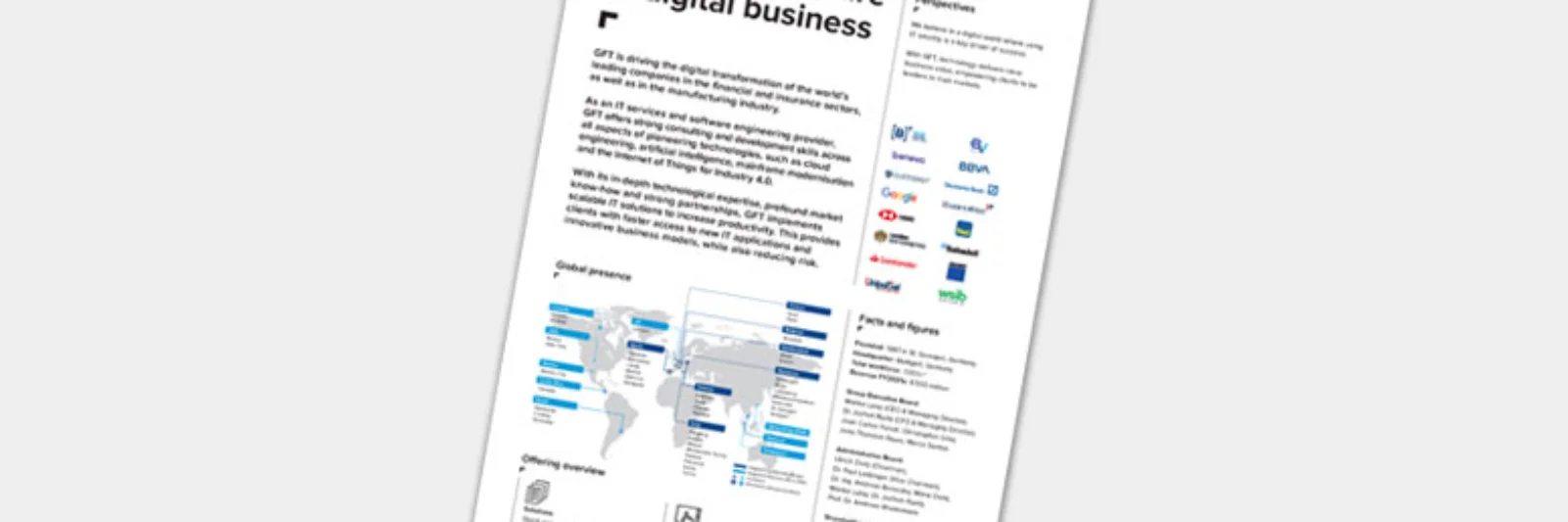 A document titled &quot;Shaping the Future of Digital Business&quot; by GFT Technologies SE, outlining the company&#039;s global presence, partnerships, and expertise in driving digital transformation for leading financial institutions.