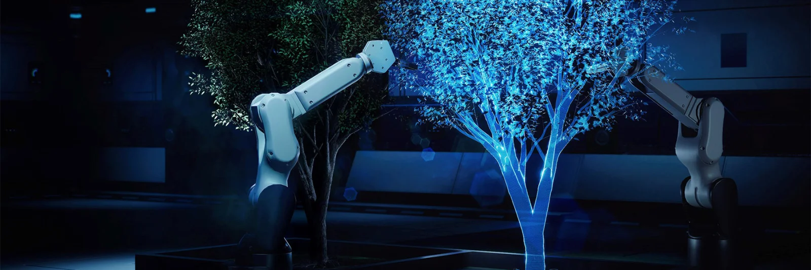 Robotic arms tending to a digital tree, symbolizing innovation and technology in the Sphinx Open project.