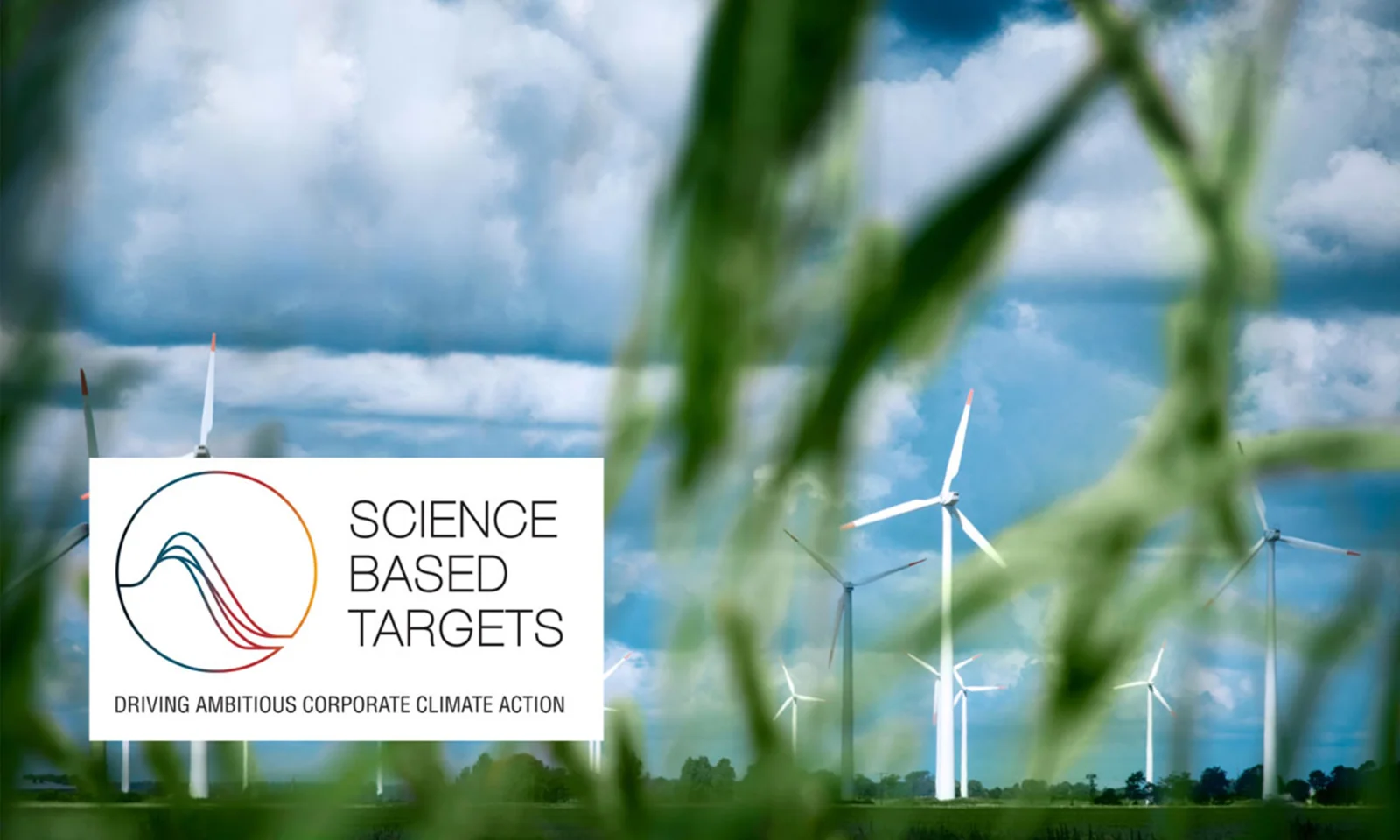 Wind turbines in a field with science-based targets recognition badge