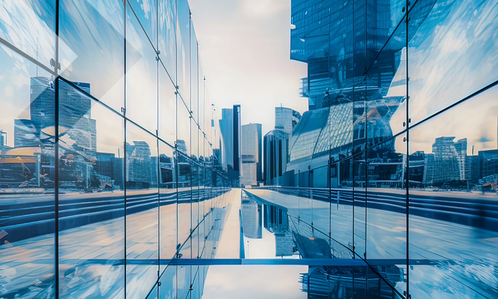 Spiegelung einer modernen Stadtlandschaft auf einer Glasfassade, die ein Gefühl von Transparenz und Struktur vermittelt.