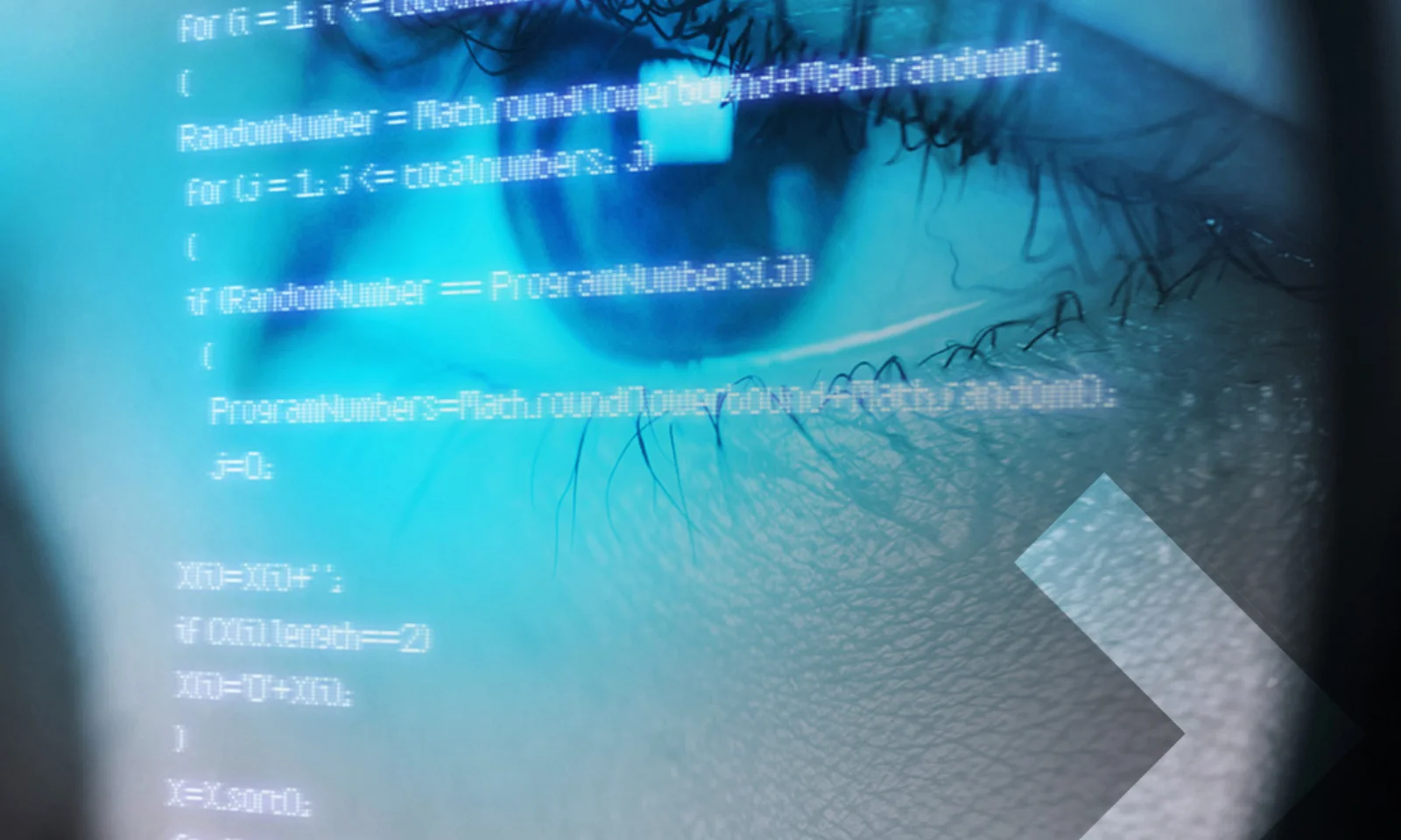 Close-up of a person&#039;s eye reflecting code on a screen, symbolizing in-depth analysis and focus in software development.