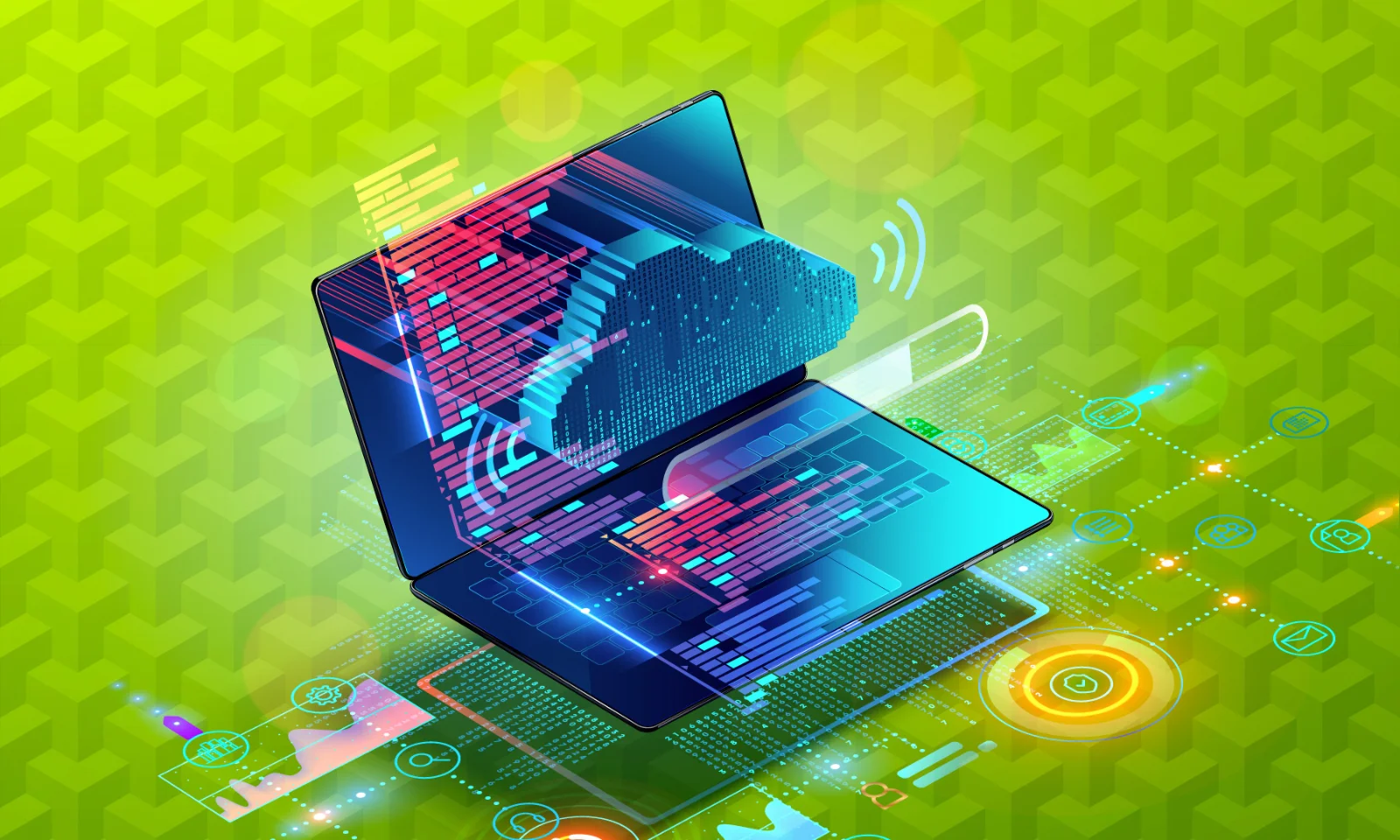 Illustration d&#039;un ordinateur portable avec des données numériques et des graphiques en nuage sur un fond géométrique vert.