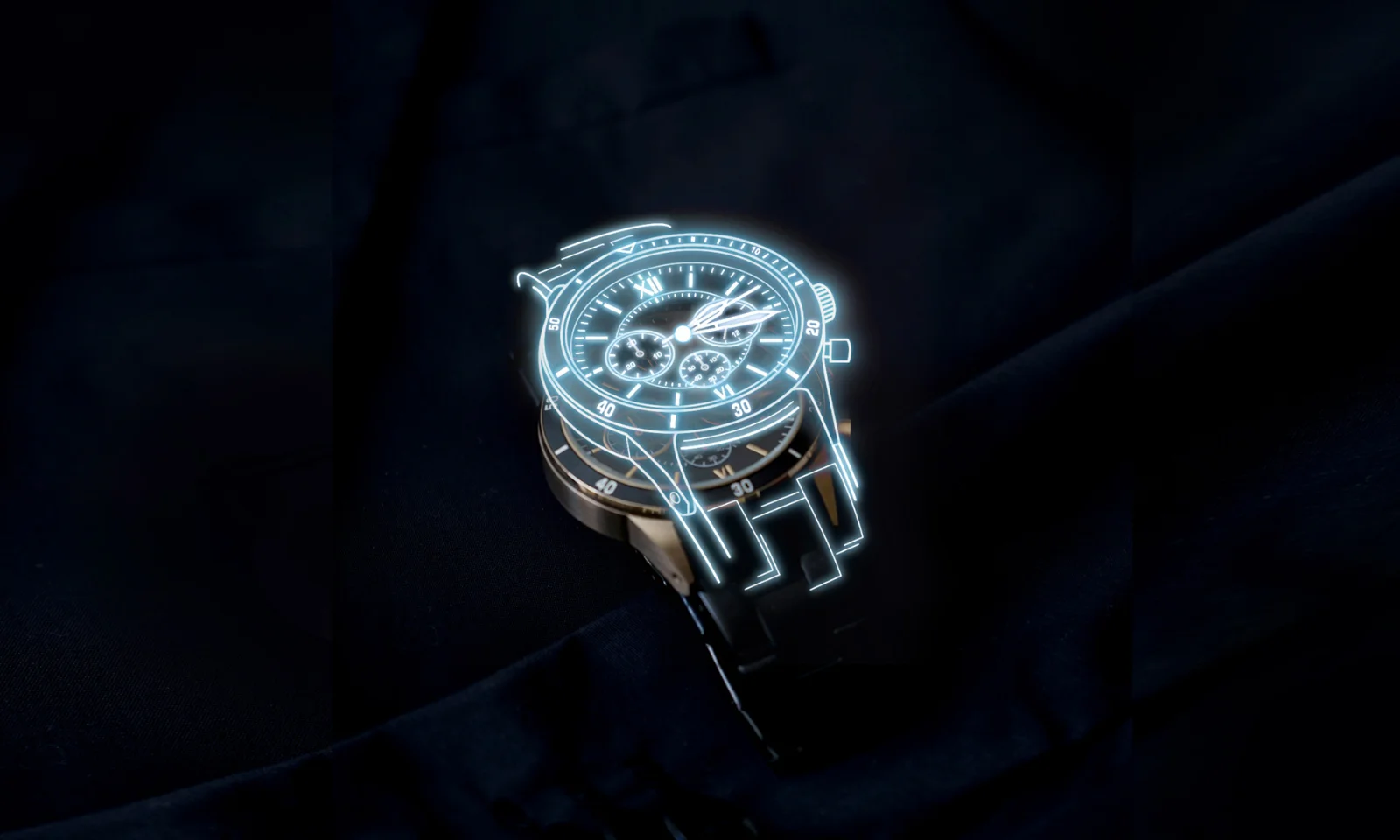 A close-up of a wristwatch with a glowing digital overlay, symbolising blockchain-based asset management technology.