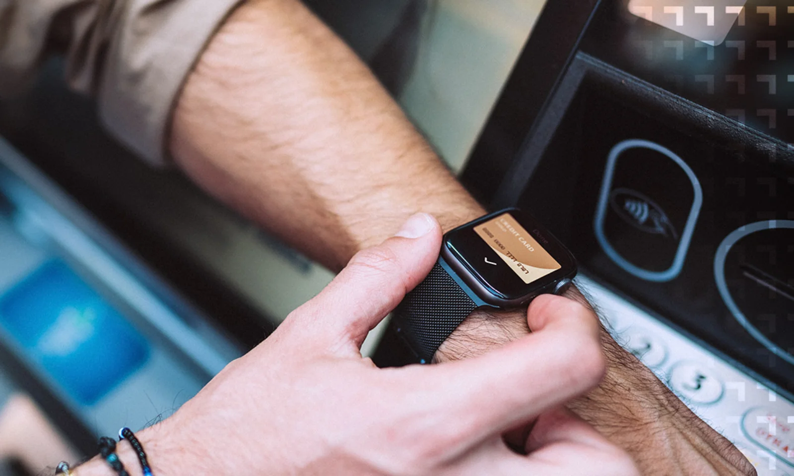 Close-up of a person using a smartwatch to interact with a modern vehicle&#039;s system, showcasing seamless technology integration in automotive design.