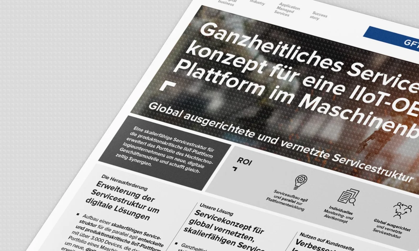 Ein Factsheetcover mit dem Titel &quot;Ganzheitliches Servicekonzept für eine IIOT-OEM-Plattform im Maschinenbau&quot;. Das Cover bezieht sich auf innovative Ansätze für die Integration des Industrial Internet of Things (IIOT) in OEM-Plattformen und deren Anwendung im Maschinenbau.