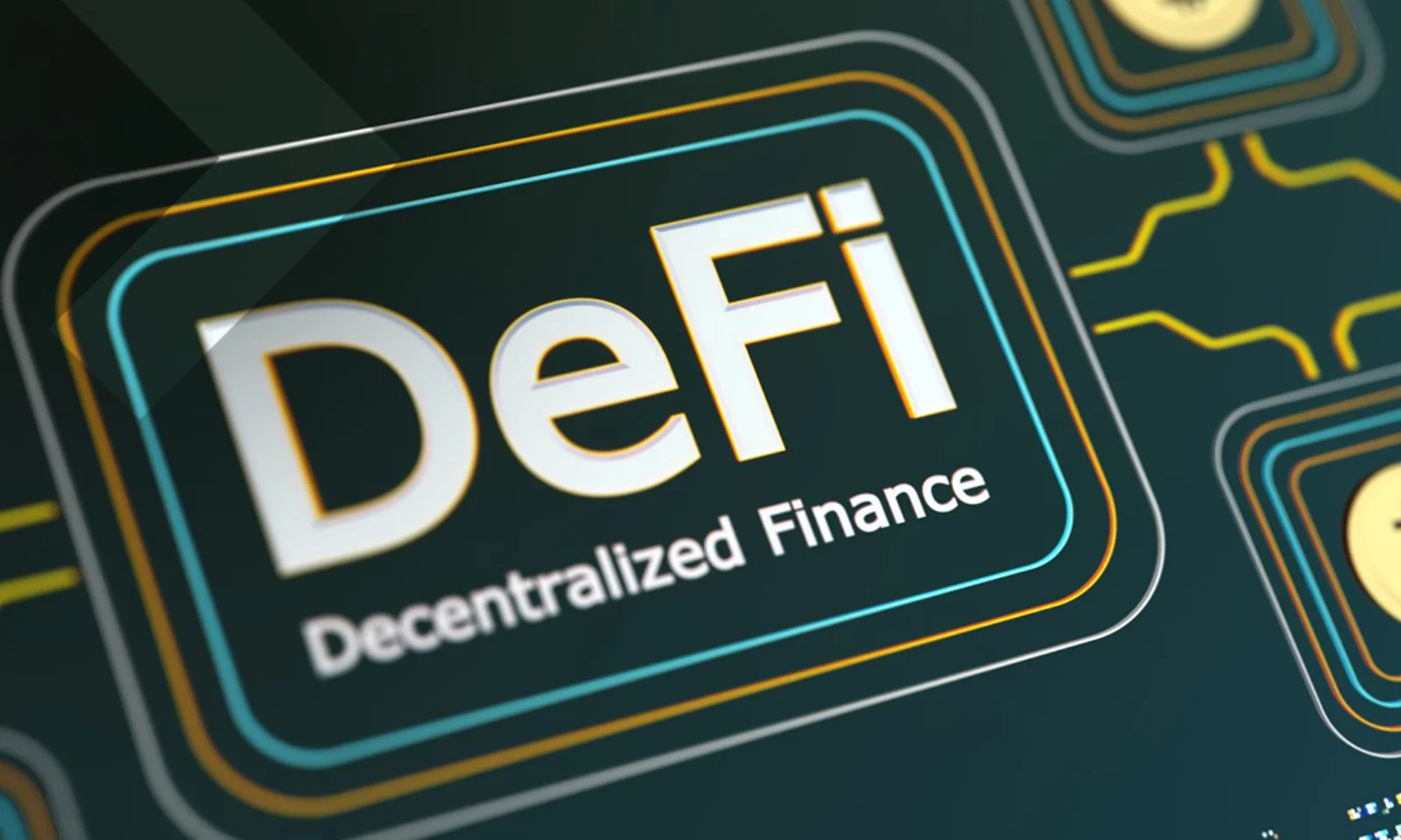 Close-up of a digital interface displaying the word &quot;DeFi&quot; (Decentralized Finance) along with Bitcoin symbols, highlighting the concept of decentralized finance in a technological context.