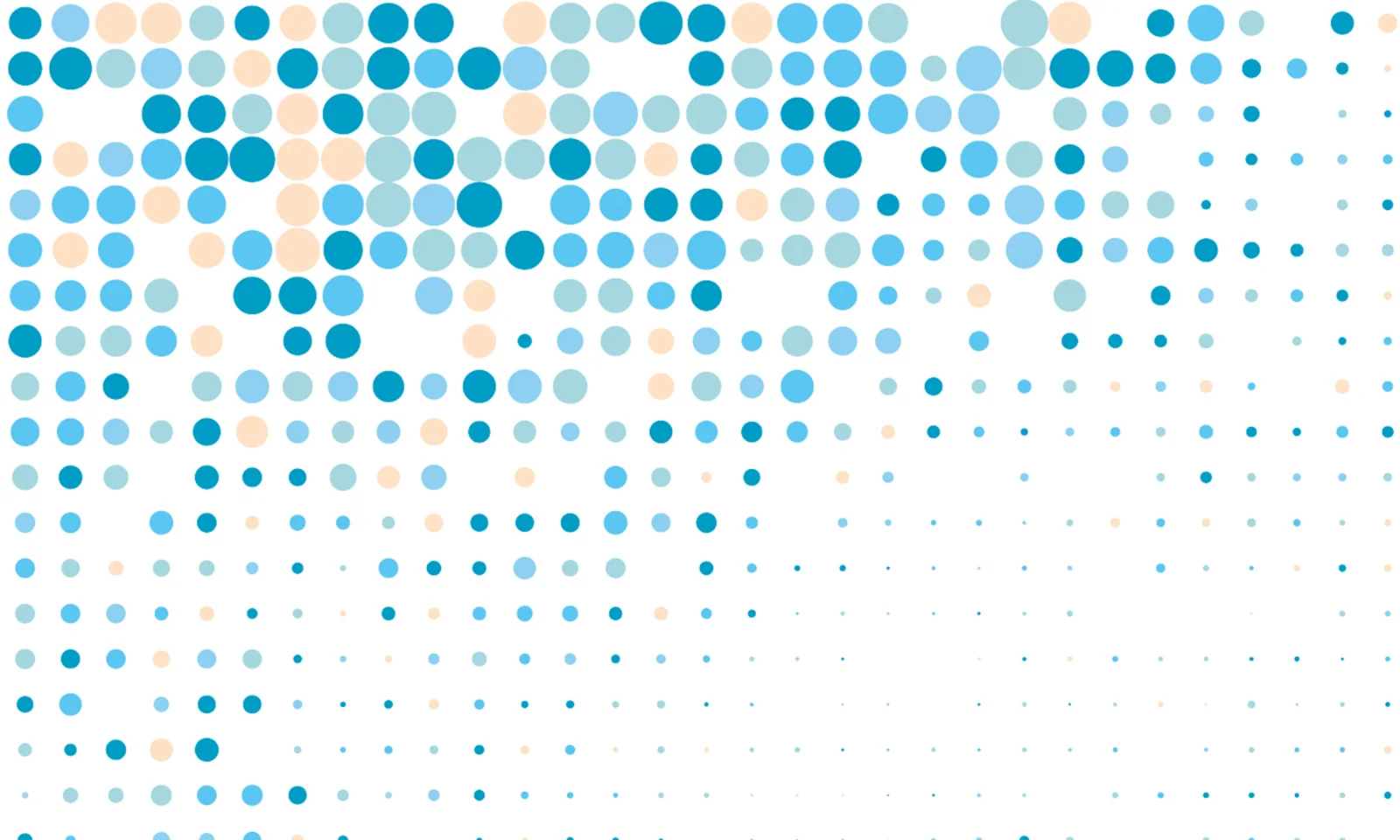 Abstraktes Muster aus blauen und pfirsichfarbenen Punkten auf weißem Hintergrund, das Datenanalyse und Cloud-Einführung darstellt.