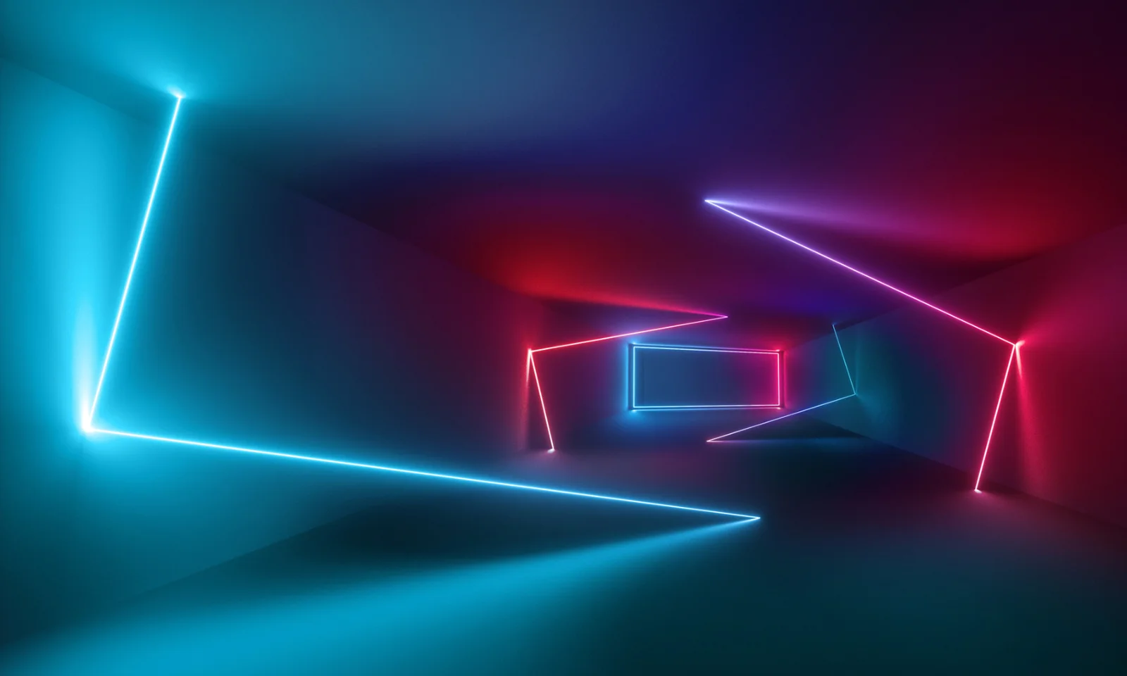 Futuristic tunnel with neon blue and pink lights representing the flow of digital banking operations.