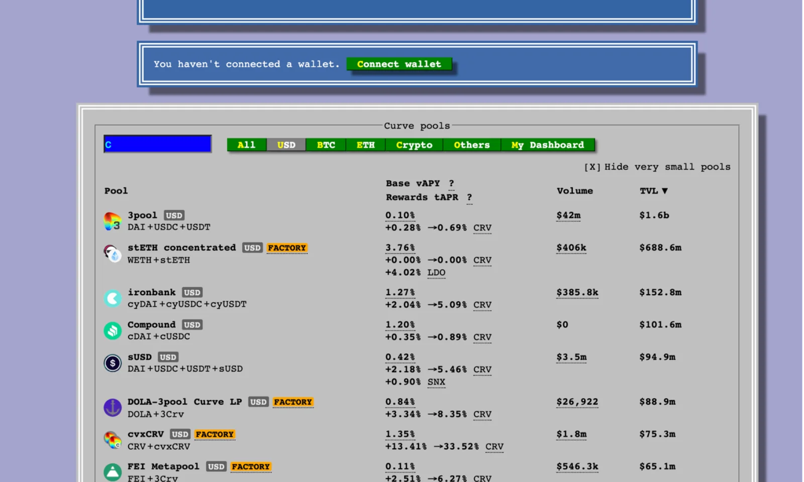 A screenshot of the Curve Finance interface displaying various liquidity pools, their base annual percentage yields (APY), rewards, volume, and total value locked (TVL).