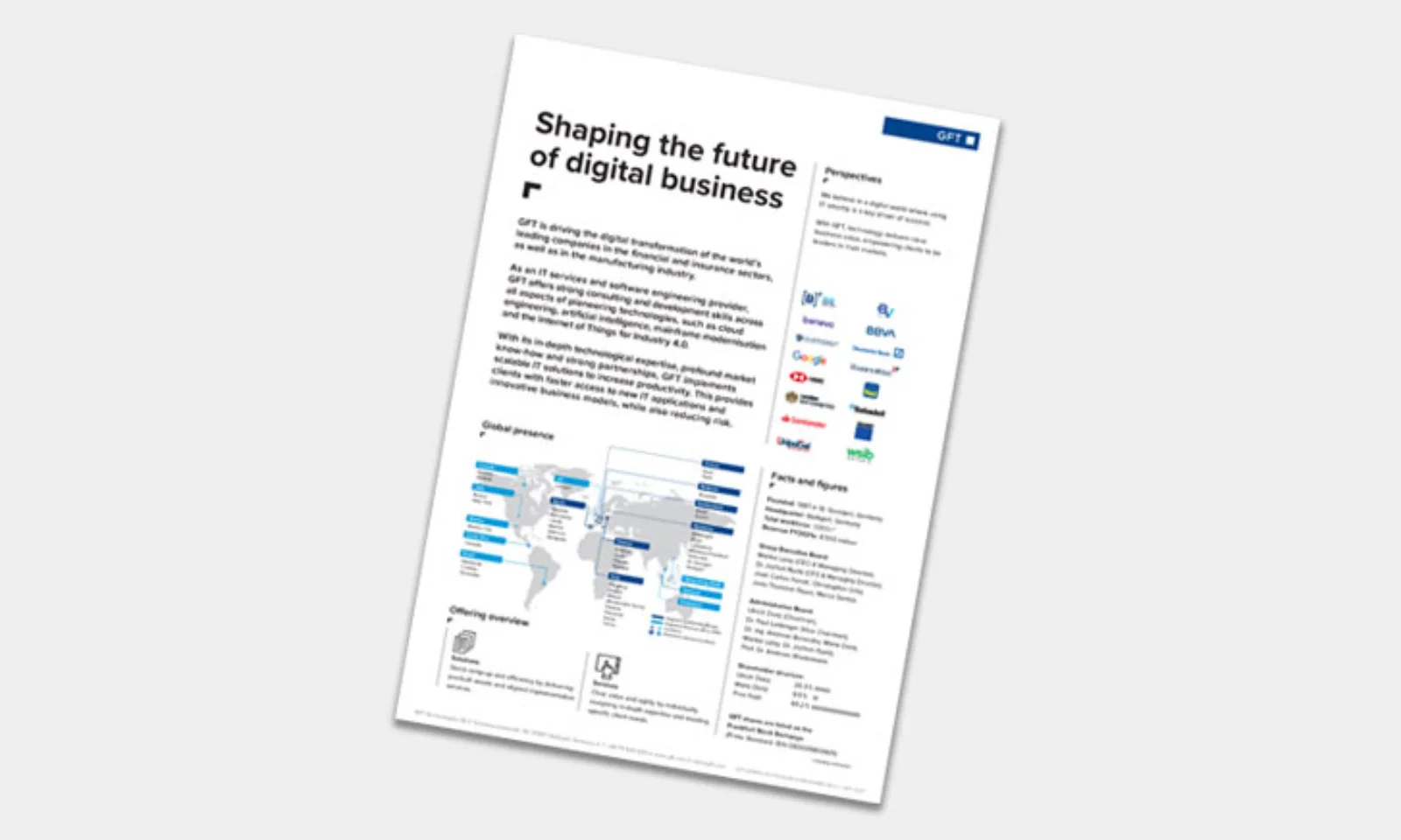 A document titled &quot;Shaping the Future of Digital Business&quot; by GFT Technologies SE, outlining the company&#039;s global presence, partnerships, and expertise in driving digital transformation for leading financial institutions.