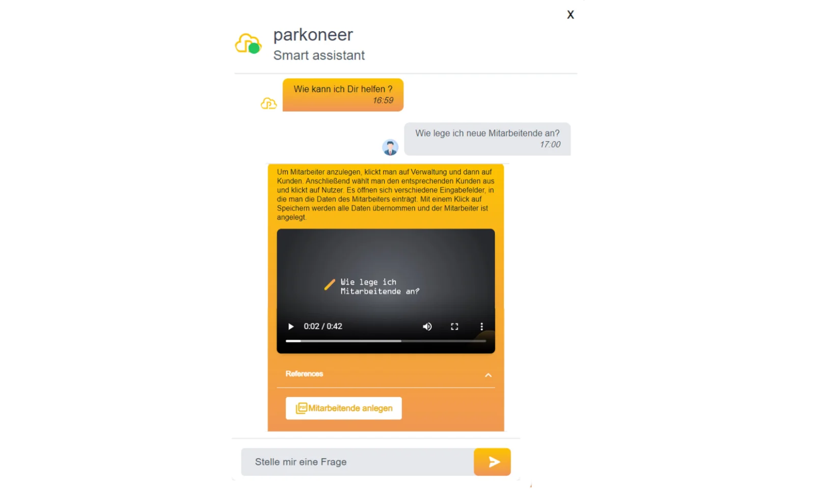 Screenshot of Parkoneer&#039;s smart assistant chat interface displaying a conversation about how to add new employees, with text instructions and a video tutorial.