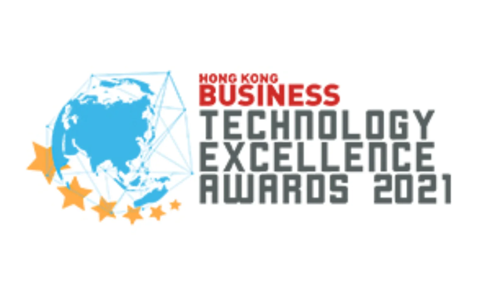 Image of the Hong Kong Business Technology Excellence Awards 2021 badge, featuring a blue globe with orange stars and bold text on a white background.