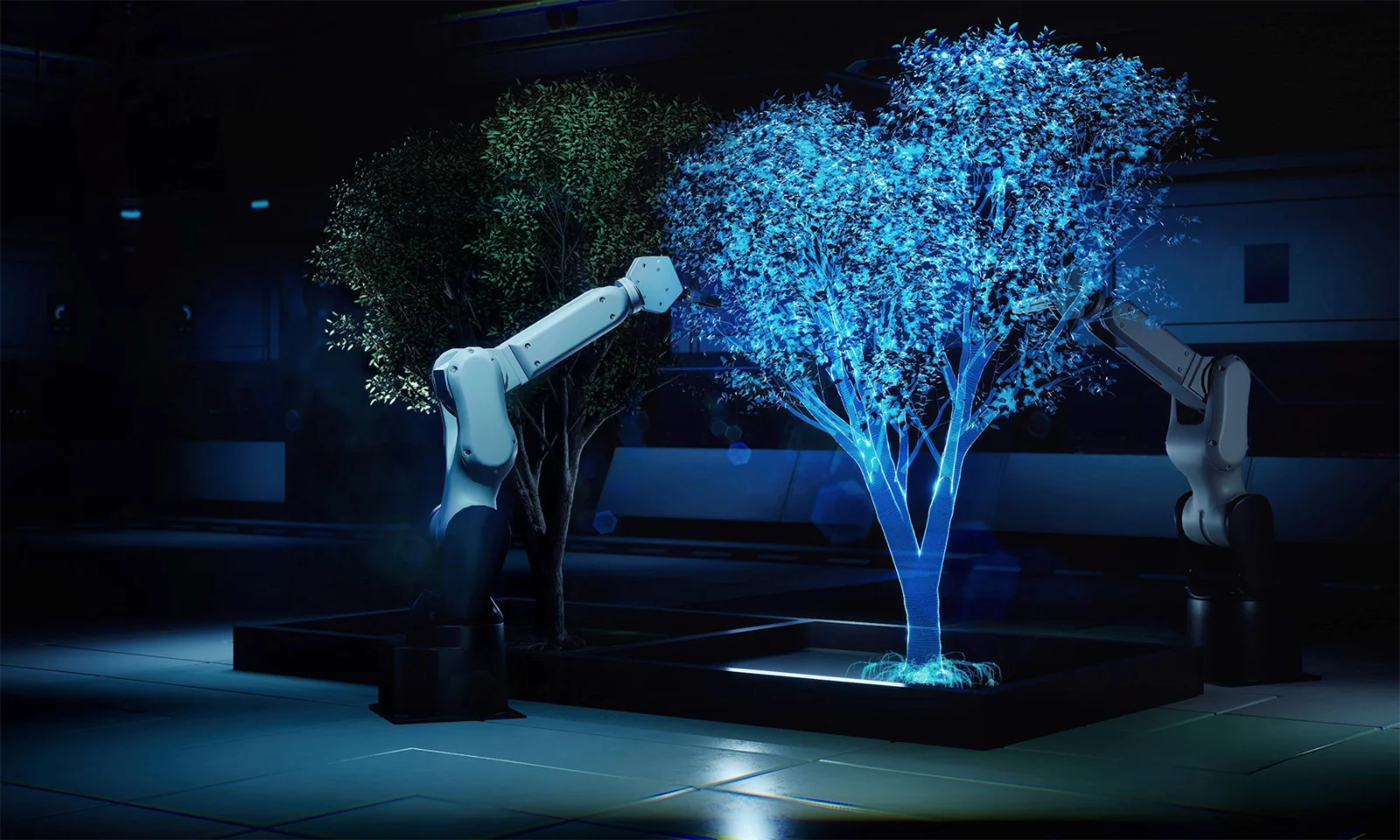 Robotic arms tending to a digital tree, symbolizing innovation and technology in the Sphinx Open project.