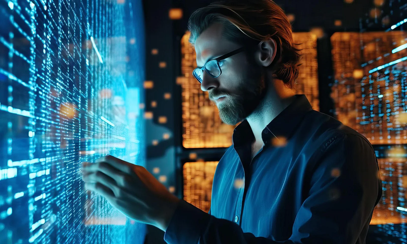 Man interacting with a digital interface, surrounded by a high-tech, data-driven environment.