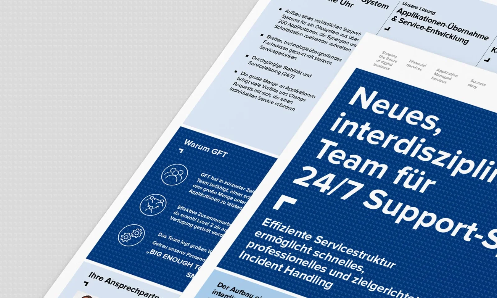 Ein Factsheet-Cover mit dem Titel &quot;Neues, interdisziplinäres Team für 24/7 Support-System&quot;. Das Cover stellt ein Konzept vor, das ein neues Team mit verschiedenen Fachrichtungen beschreibt, das rund um die Uhr Support für ein IT-System bietet.