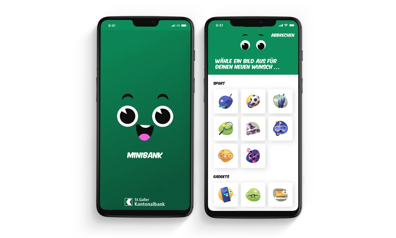 Two mobile phone screens displaying the Minibank app interface by St. Galler Kantonalbank, featuring a friendly mascot and various icons for selecting goals.