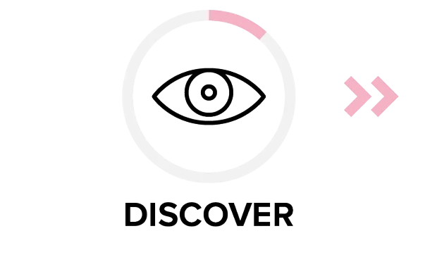 A circular icon with an eye symbol and two arrows pointing to the right, labeled &quot;DISCOVER&quot;.