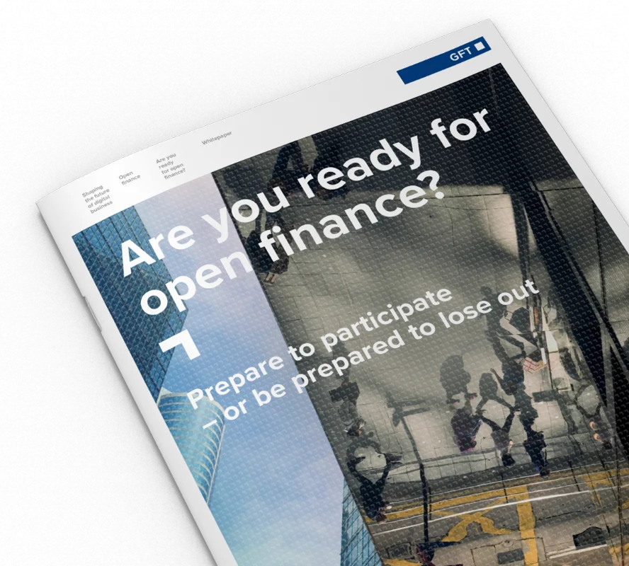 A mockup of a whitepaper titled &quot;Are You Ready for Open Finance?&quot; with a tagline &quot;Prepare to participate or be prepared to lose out.&quot;