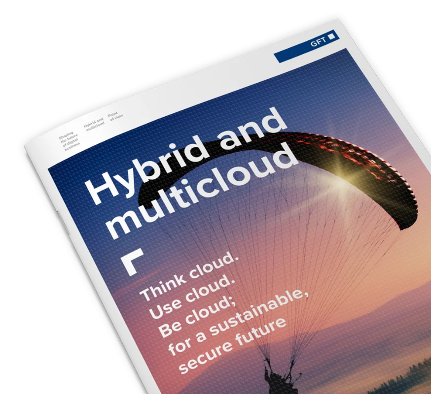 Eine Nahaufnahme einer GFT-Publikation mit dem Titel „Hybrid und Multicloud“, die das Bild eines Gleitschirms vor einem Sonnenuntergang zeigt, als Symbol für Agilität und Freiheit im Cloud-Computing.